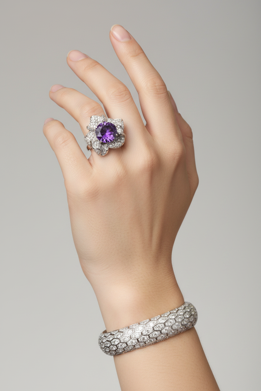 Sterling Silver Amethyst Flower Ring and Cuff Bracelet