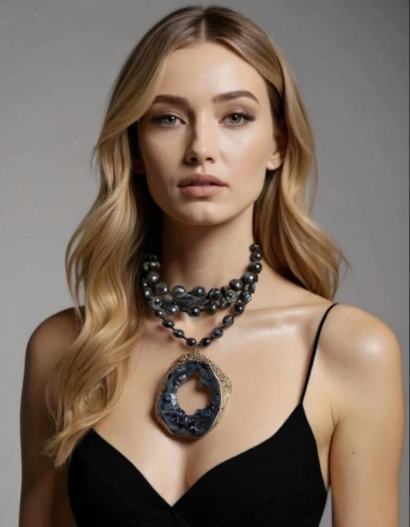 Black and Gold Geode Slice Necklace