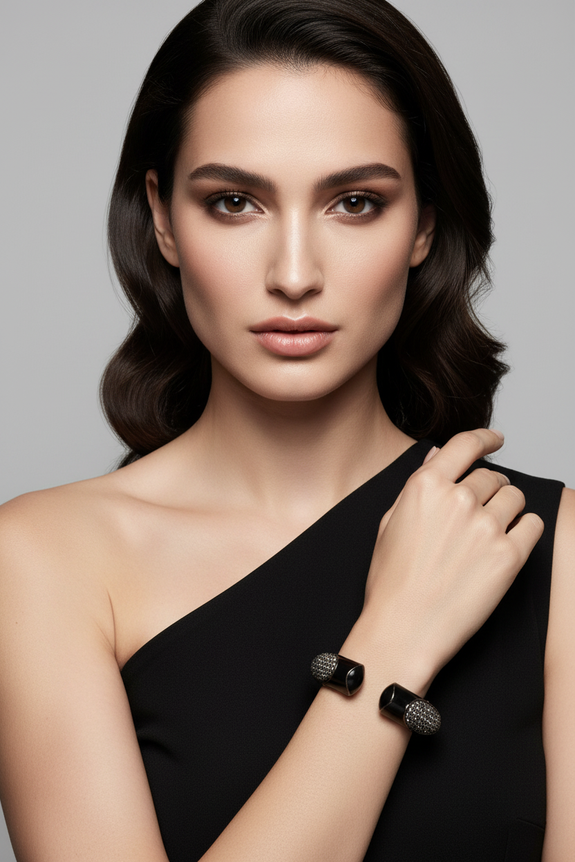 Black Enamel Crystal Pave Cuff Bracelet