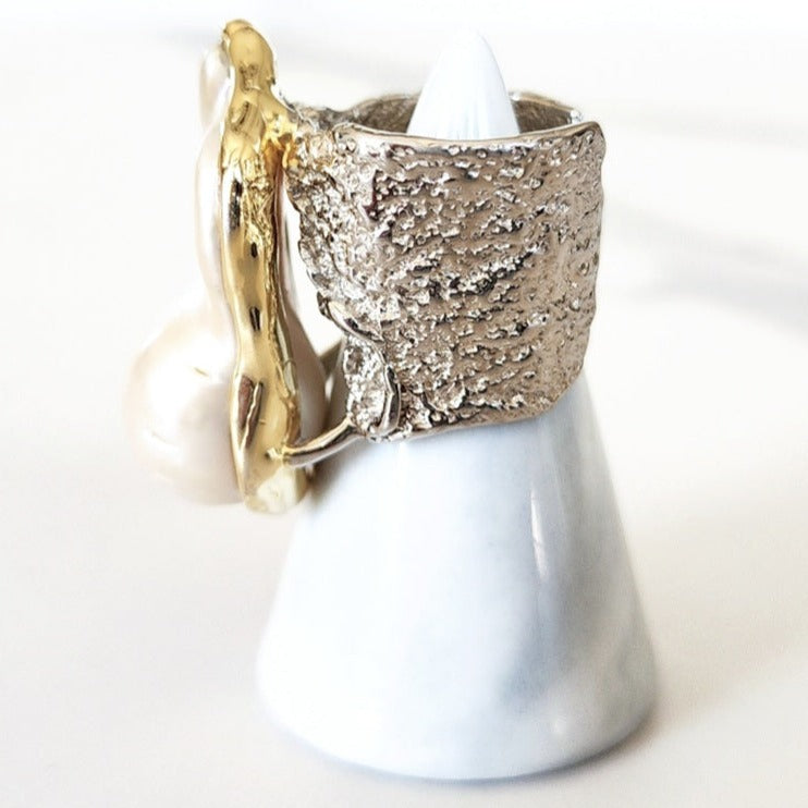 Goldtone Pearl Cuff and Sterling Silver Gold Lined Baroque Pearl Ring