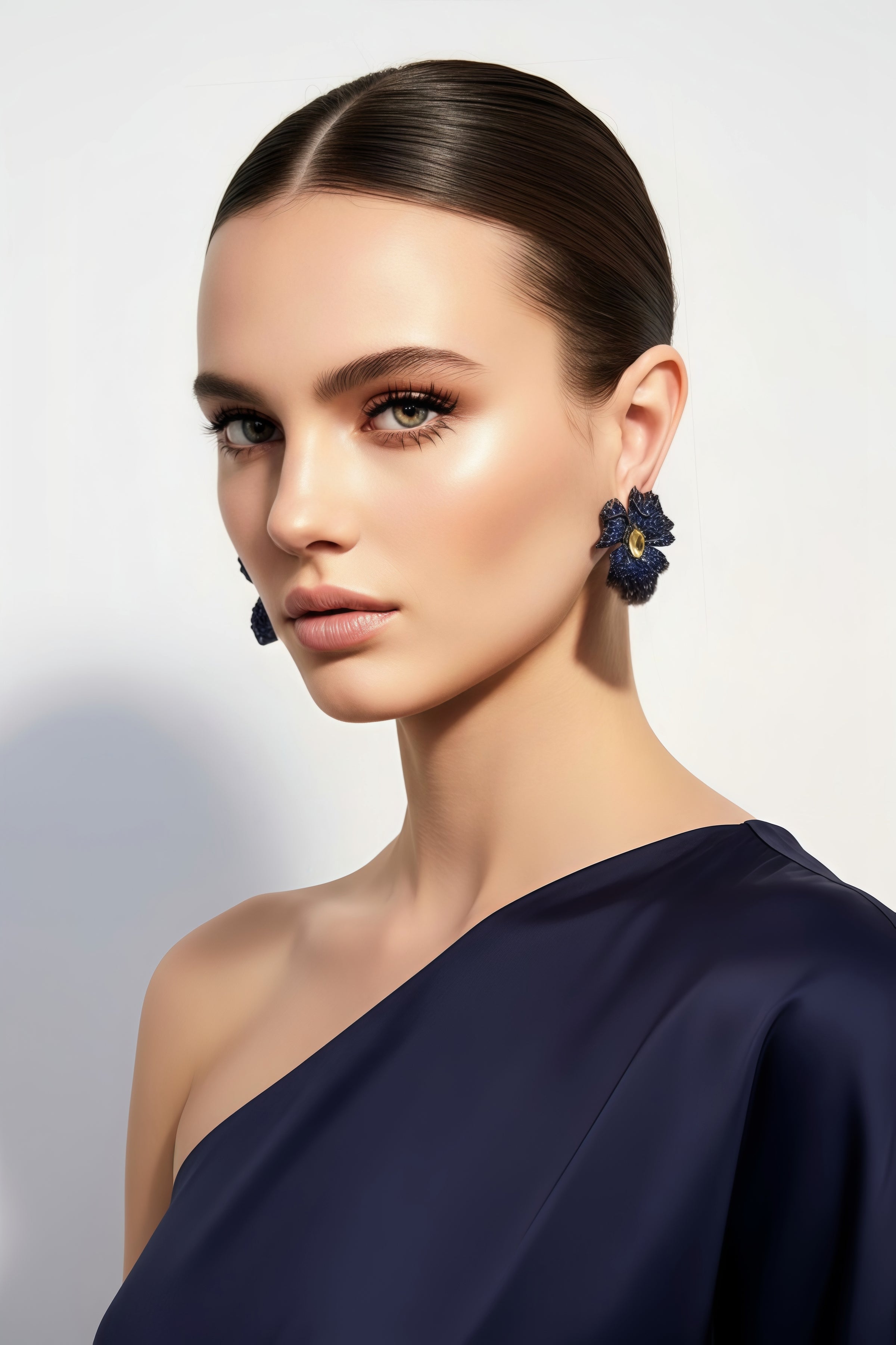 Navy and Yellow Crystal Flower  Earrings