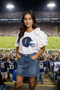 Blue and Gold Sequin Football Helmet Ruffle Sleeve Shirt