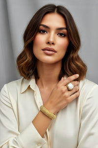 Goldtone Popcorn Cuff and Sterling Silver Gold Embellished Pearl Ring
