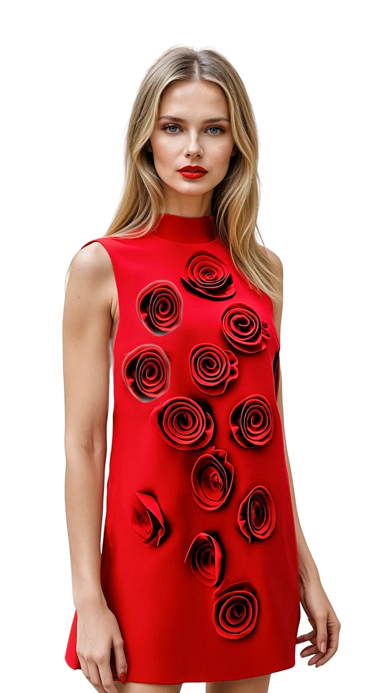 Red 3D Flower Shift Mini Dress