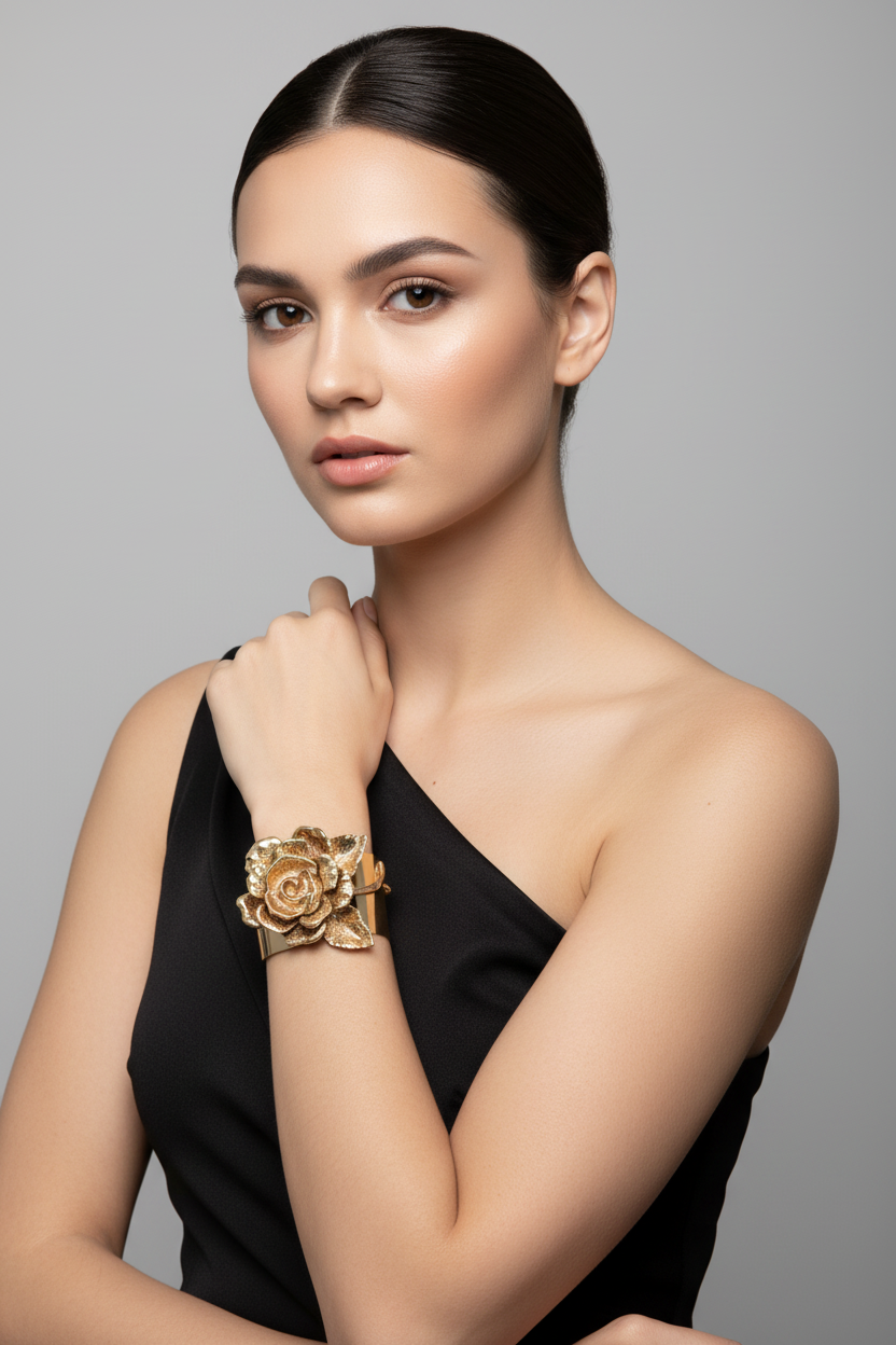 Gold 3D Flower Cuff Bracelet