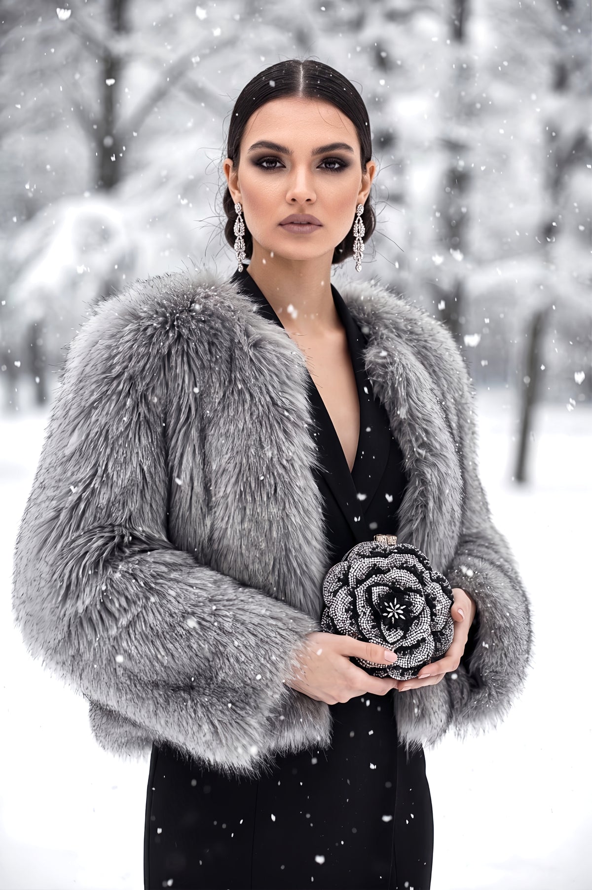 Black and Silver Flower Crystal Clutch