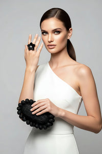 Black Rattan Clutch and Flower Ring