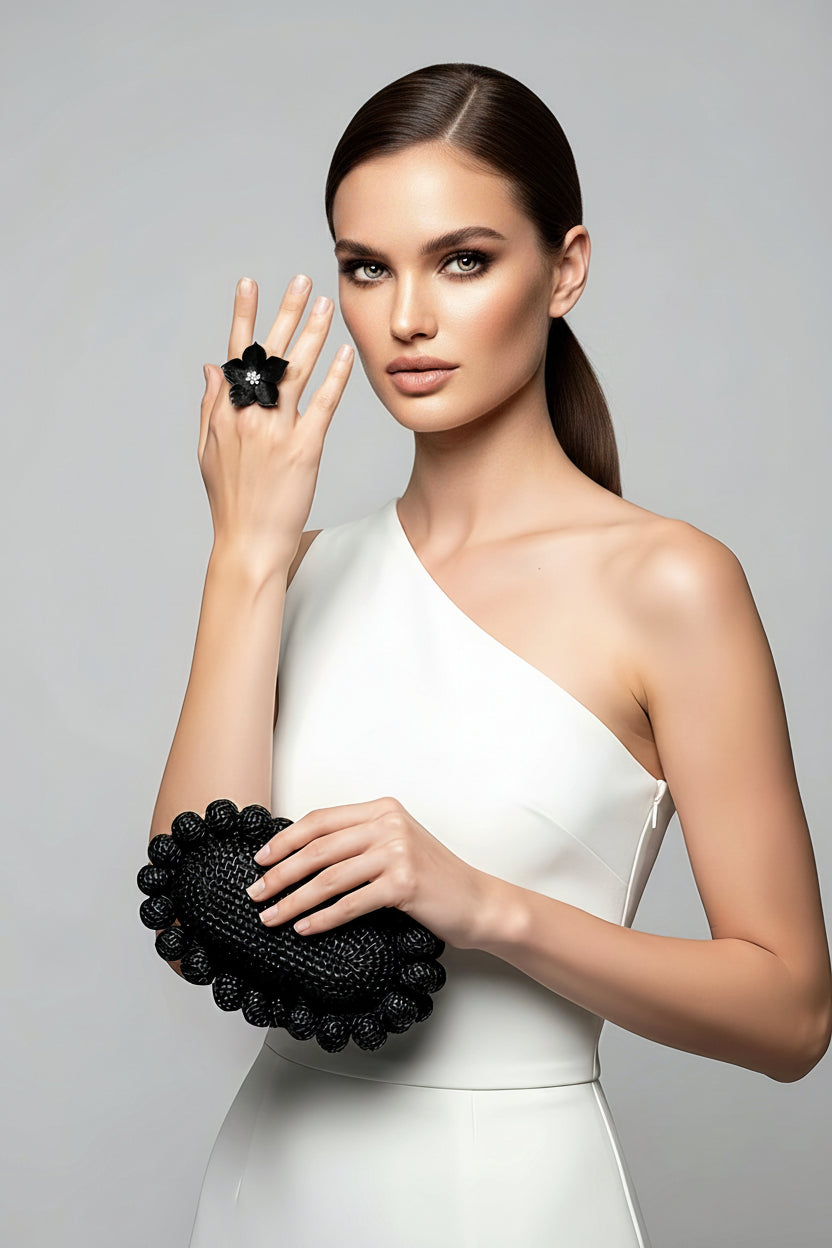 Black Rattan Clutch and Flower Ring