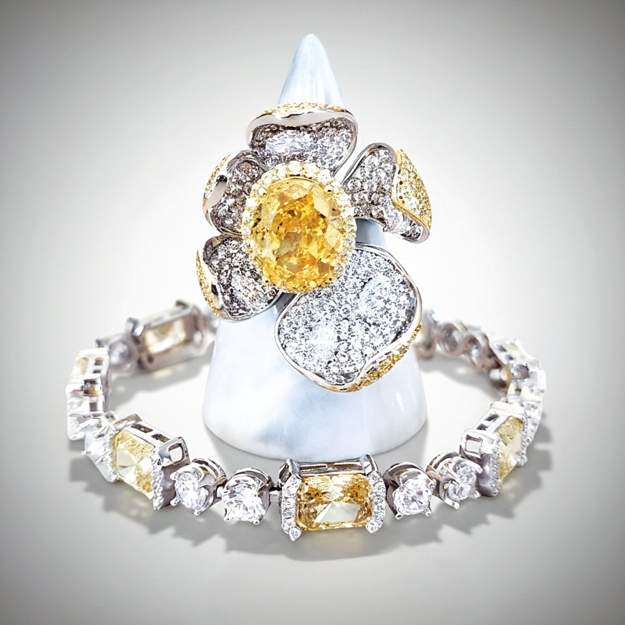 Sterling Silver Yellow Citrine Flower Ring and Tennis Bracelet