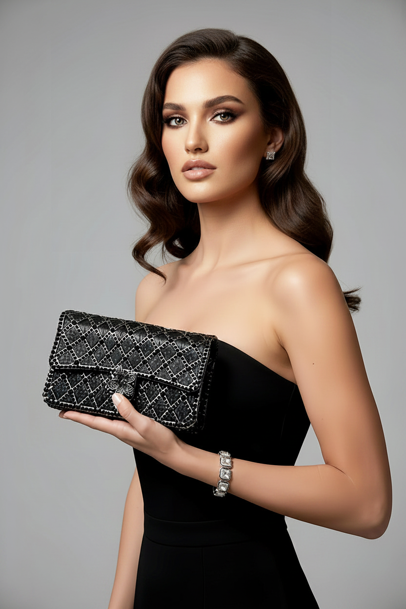 Black Crystal Clutch and Sterling Silver Tennis Bracelet