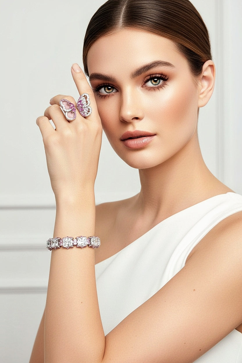 Sterling Silver Pink Butterfly Ring and Tennis Bracelet