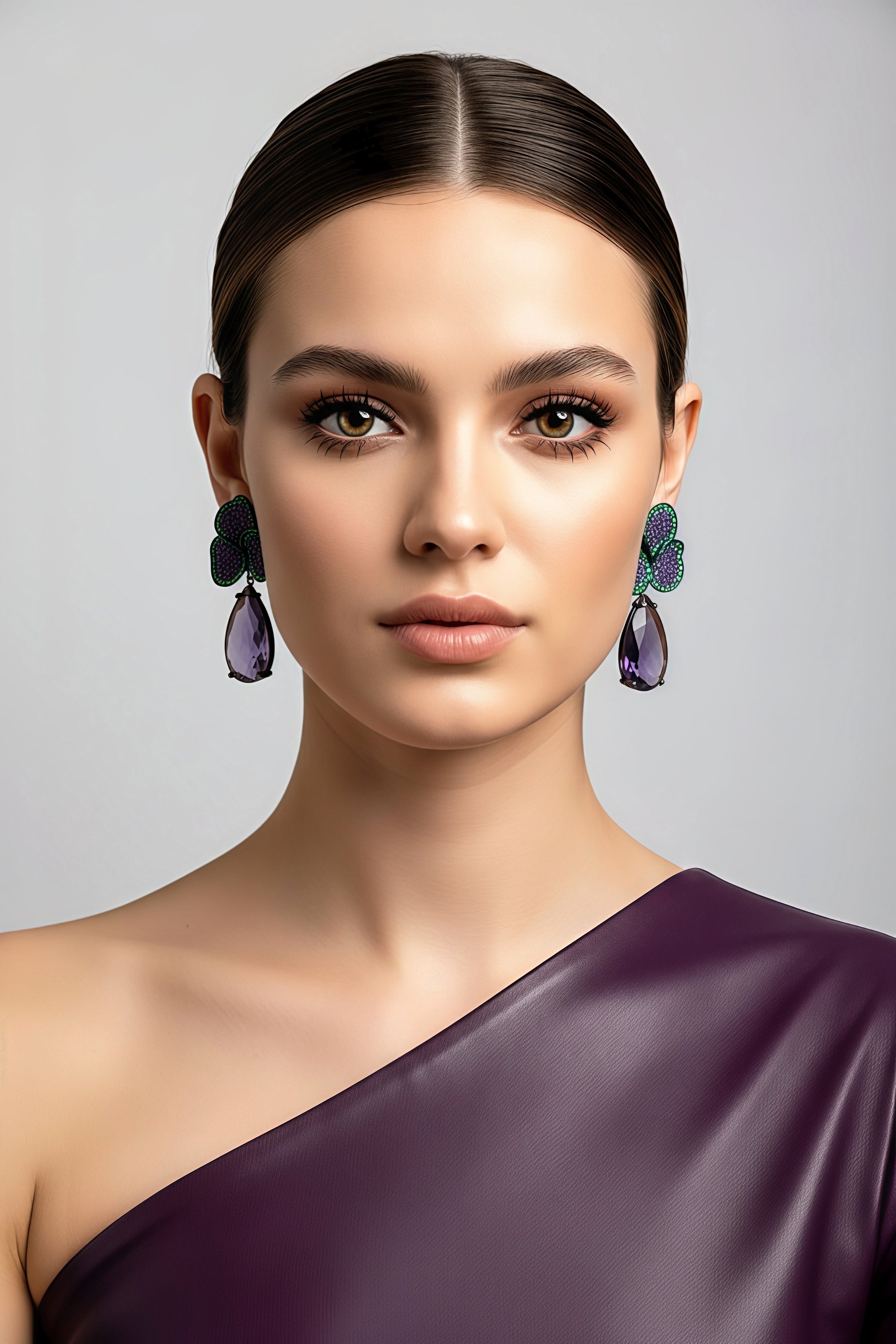Purple and Green 3 Leaf Clover Earrings