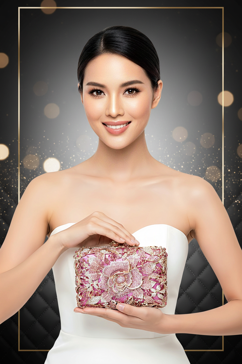 Pink and Gold Floral Crystal Clutch