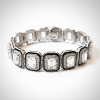 Sterling Silver Black Enamel Trimmed Emerald Cut Diamond Tennis Bracelet