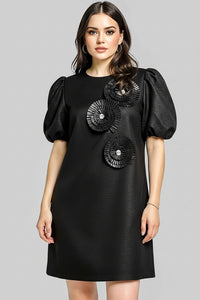 Black 3D Spiral Flower Mini Dress