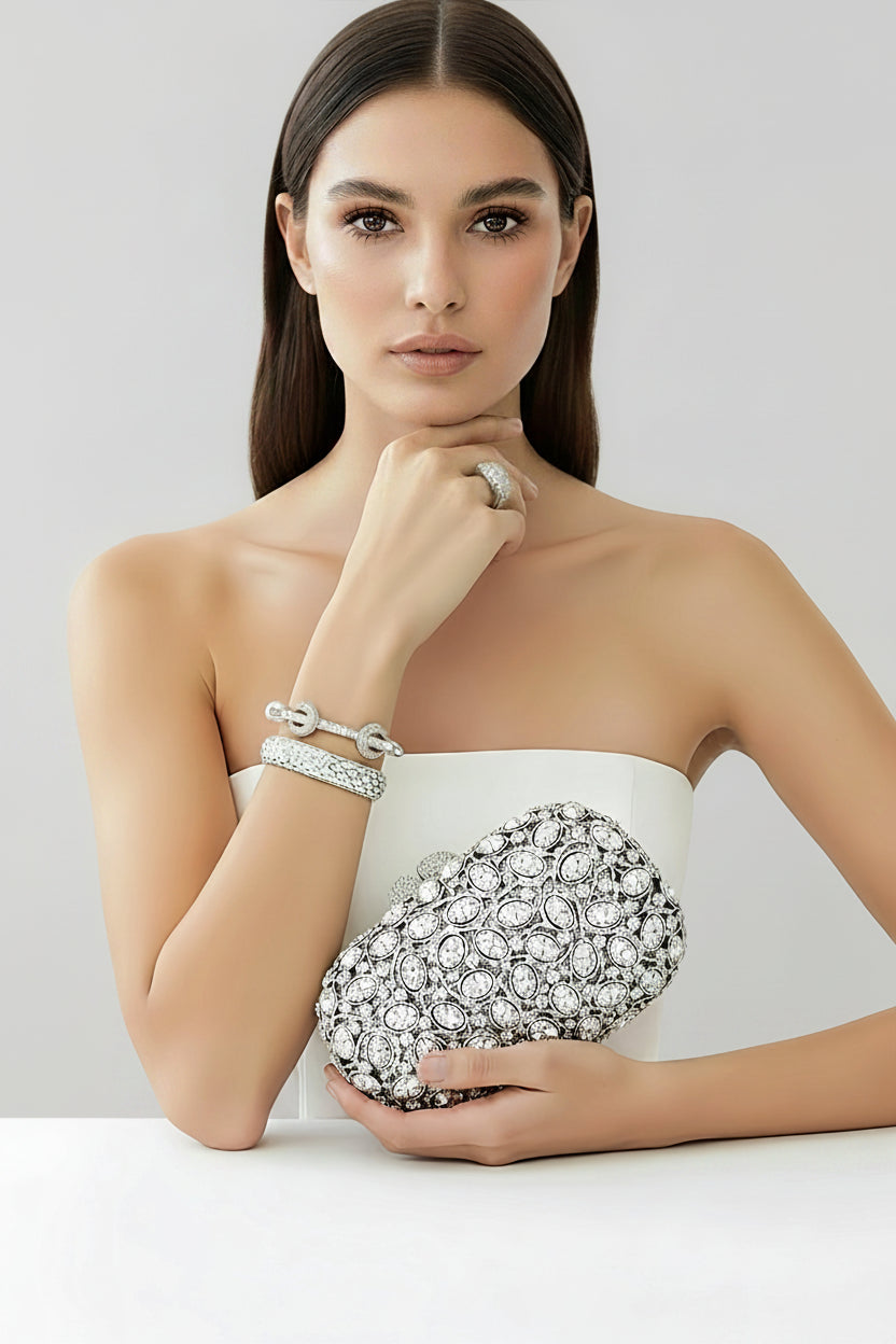 Silver Marble Stone Clutch, Sterling Silver Cuff Bracelet, Beaded Bracelet and Ring