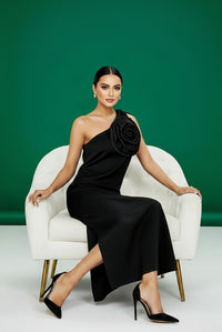 Black 3D Flower One Shoulder Maxi Dress