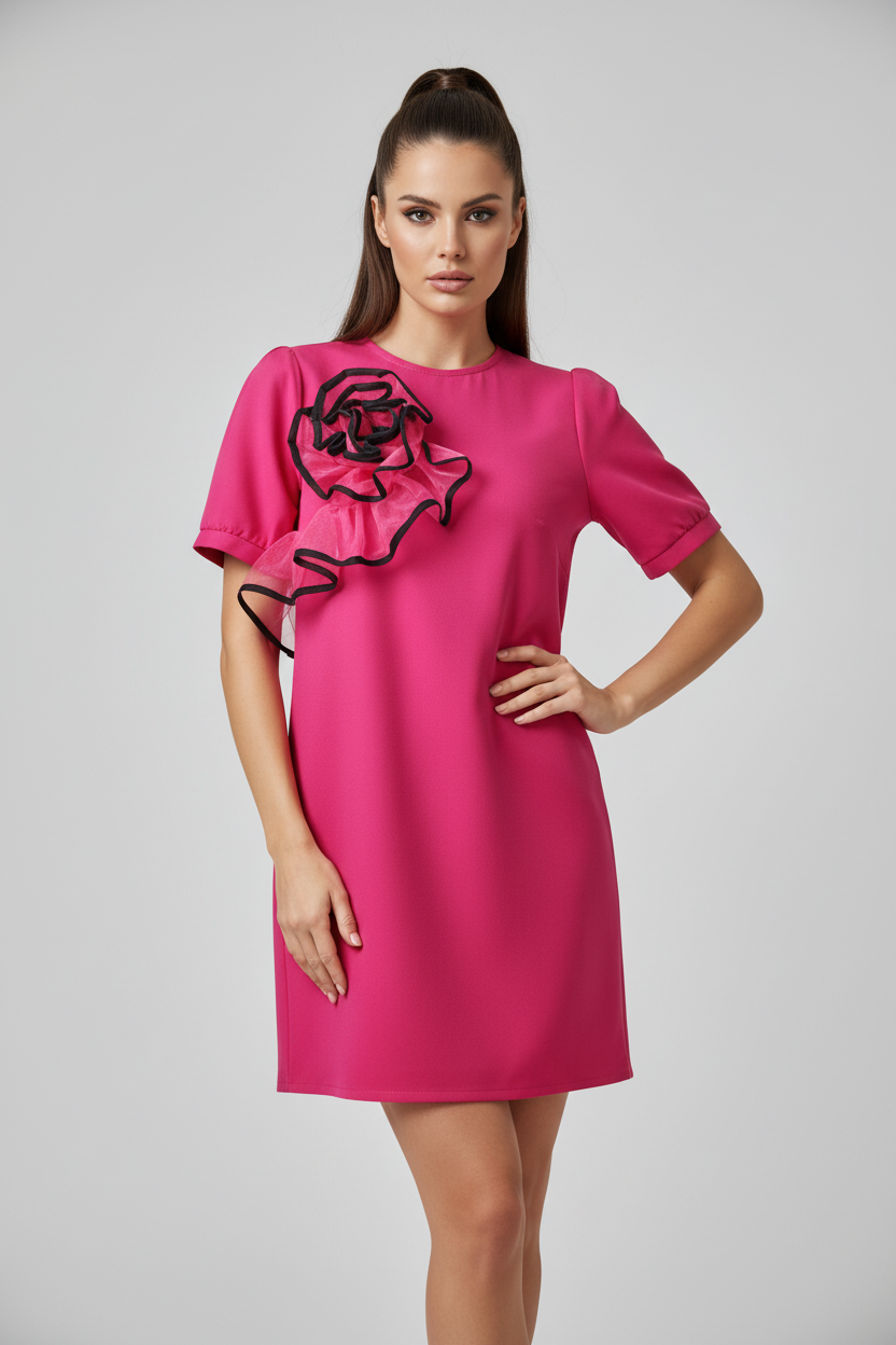 Hot Pink 3D Flower  Mini Dress