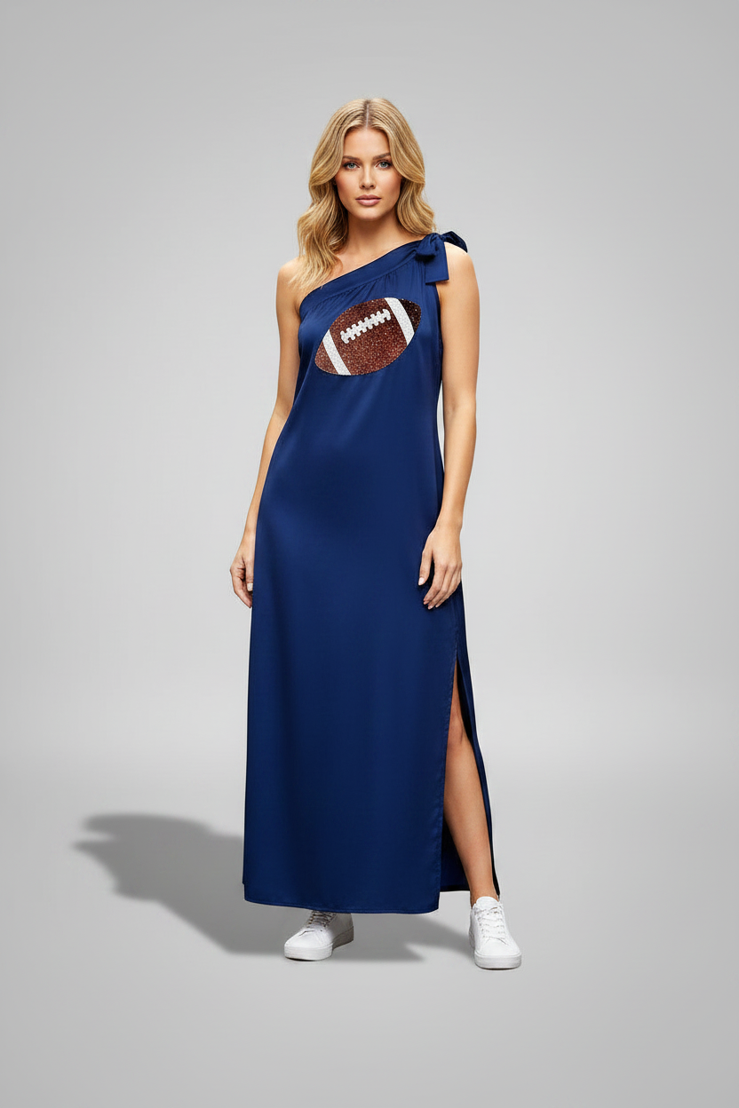 Navy One Shoulder Sequin Football Maxi Dress