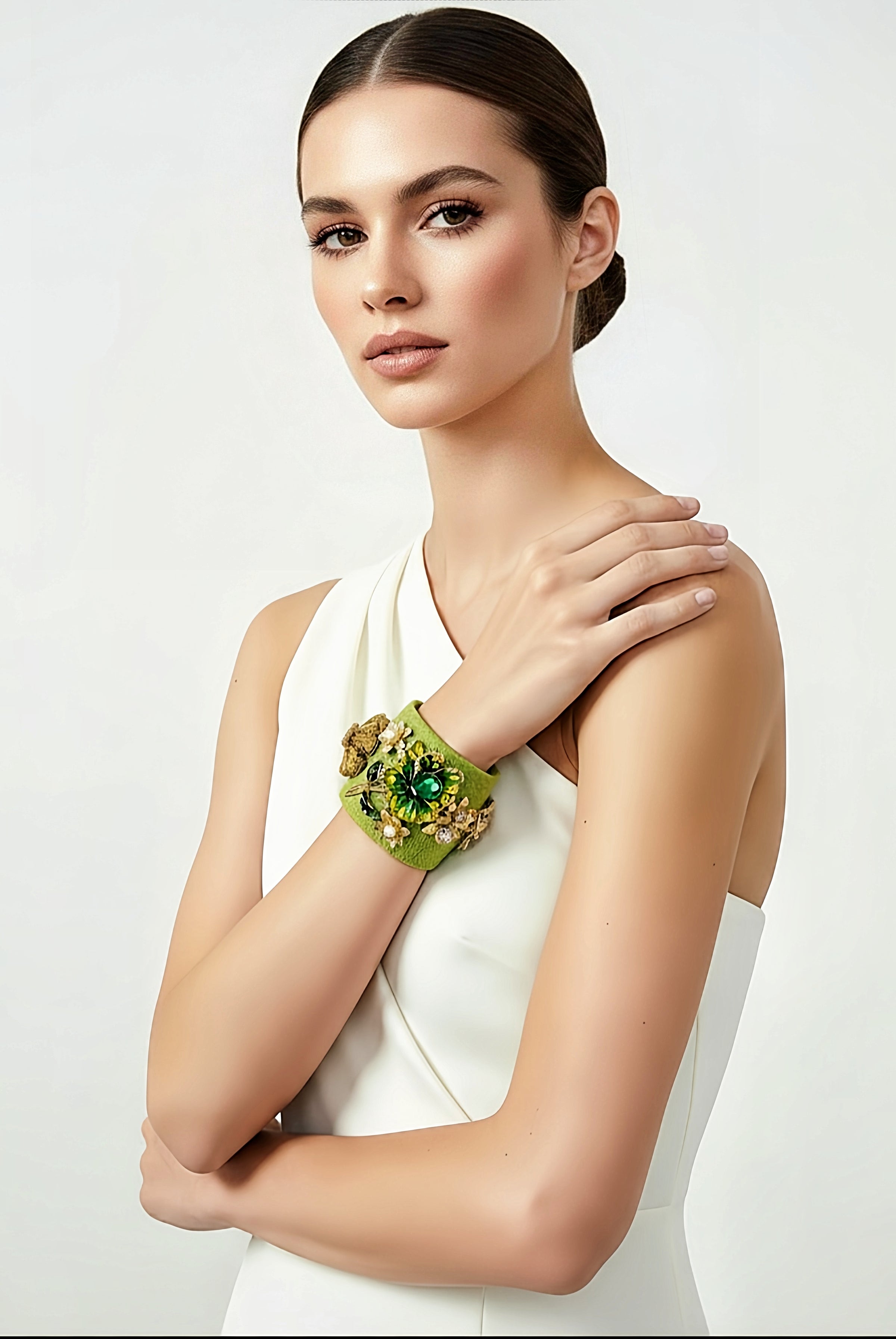 Light Green Flower Cuff and Sterling Silver Aquamarine Ring