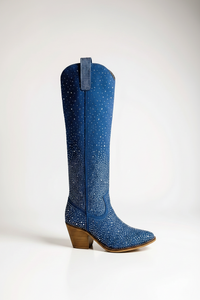 Blue Denim Silver Studded Cowboy Boots