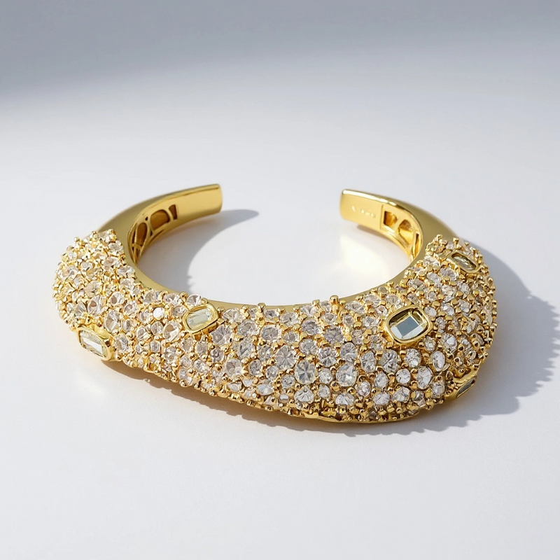18K Gold Plated Diamond Baroque Mirror Embellished Cuff Bracelet