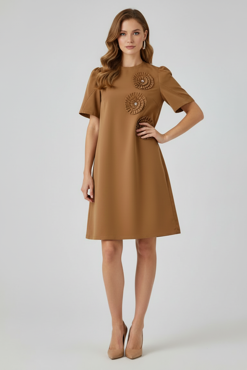 Tan 3D Spiral Flower Mini Dress