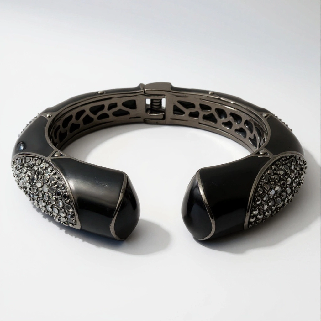 Black Enamel Crystal Pave Cuff Bracelet