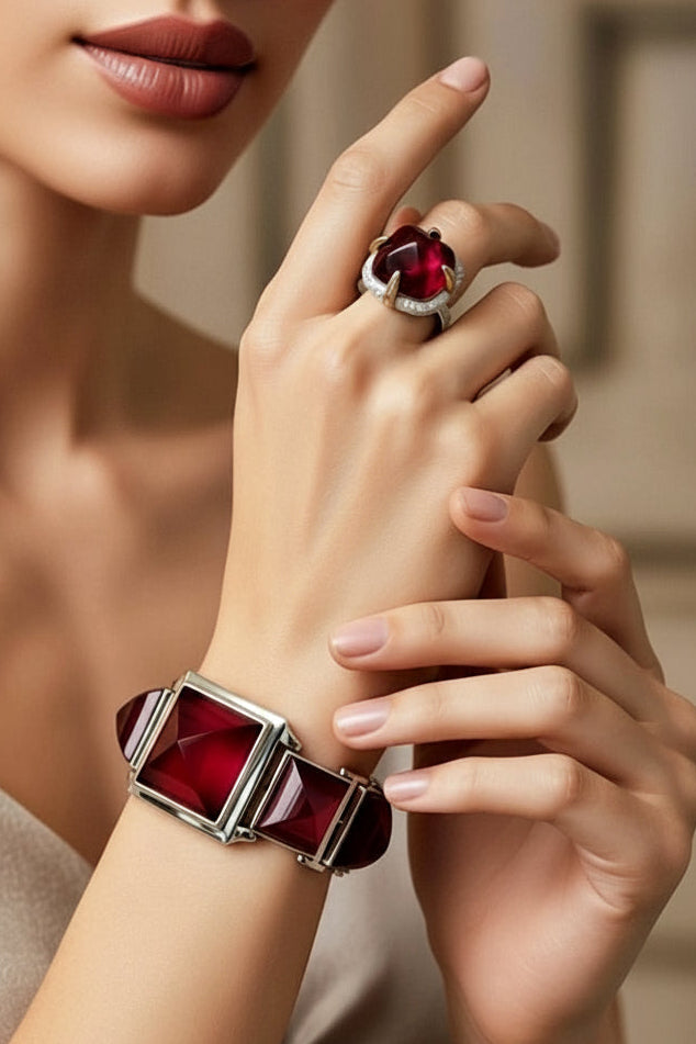 Sterling Silver Red Corundum Bracelet and Ring