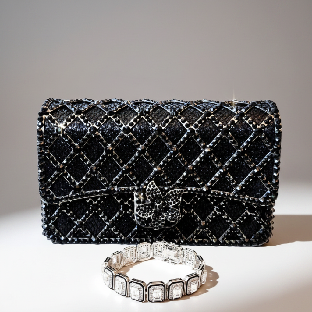 Black Crystal Clutch and Sterling Silver Tennis Bracelet