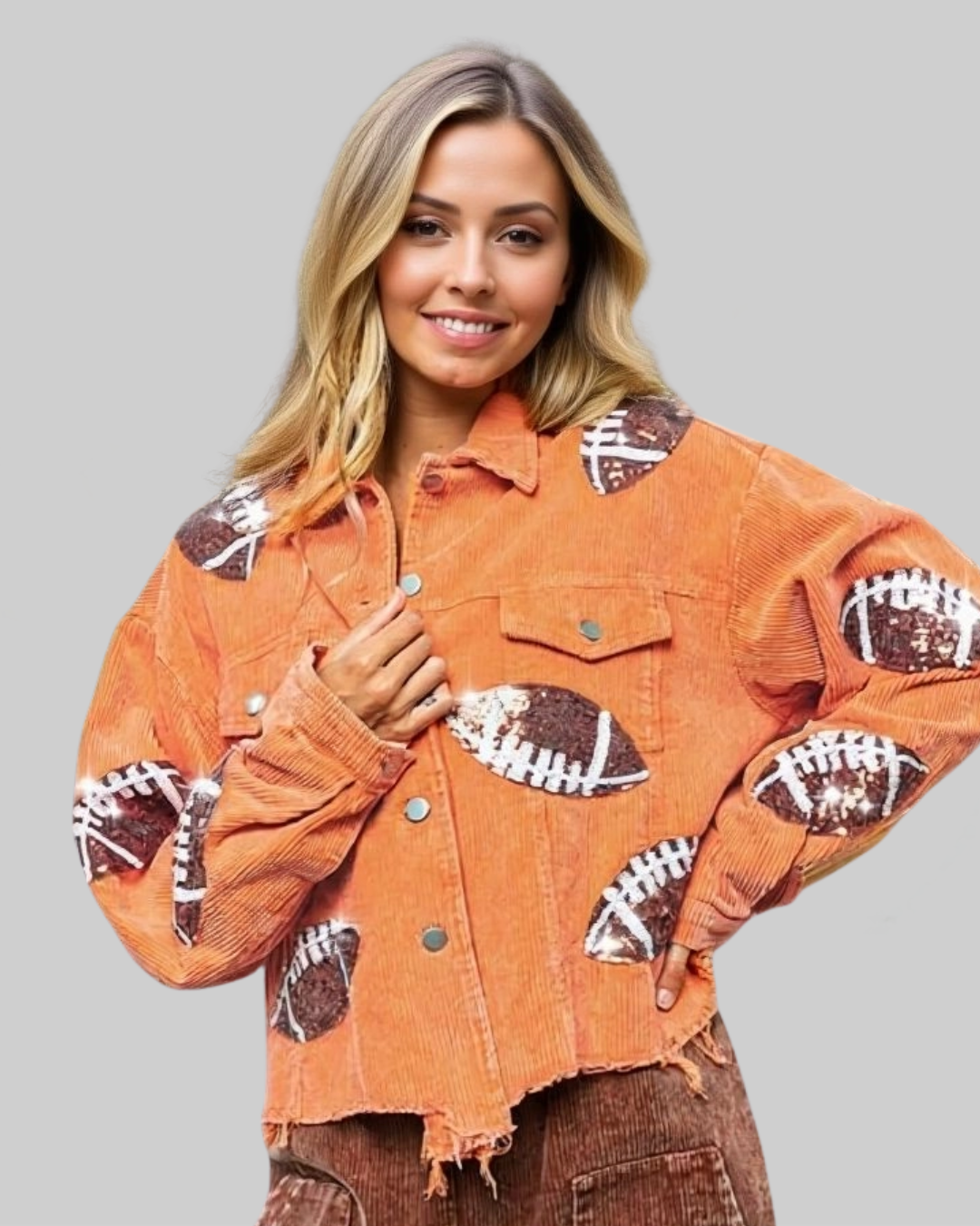 Burnt Orange Corduroy Sequin Football Jacket