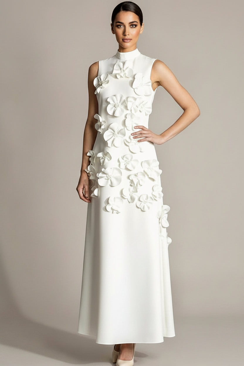 White 3D Flower Sleeveless Maxi Dress