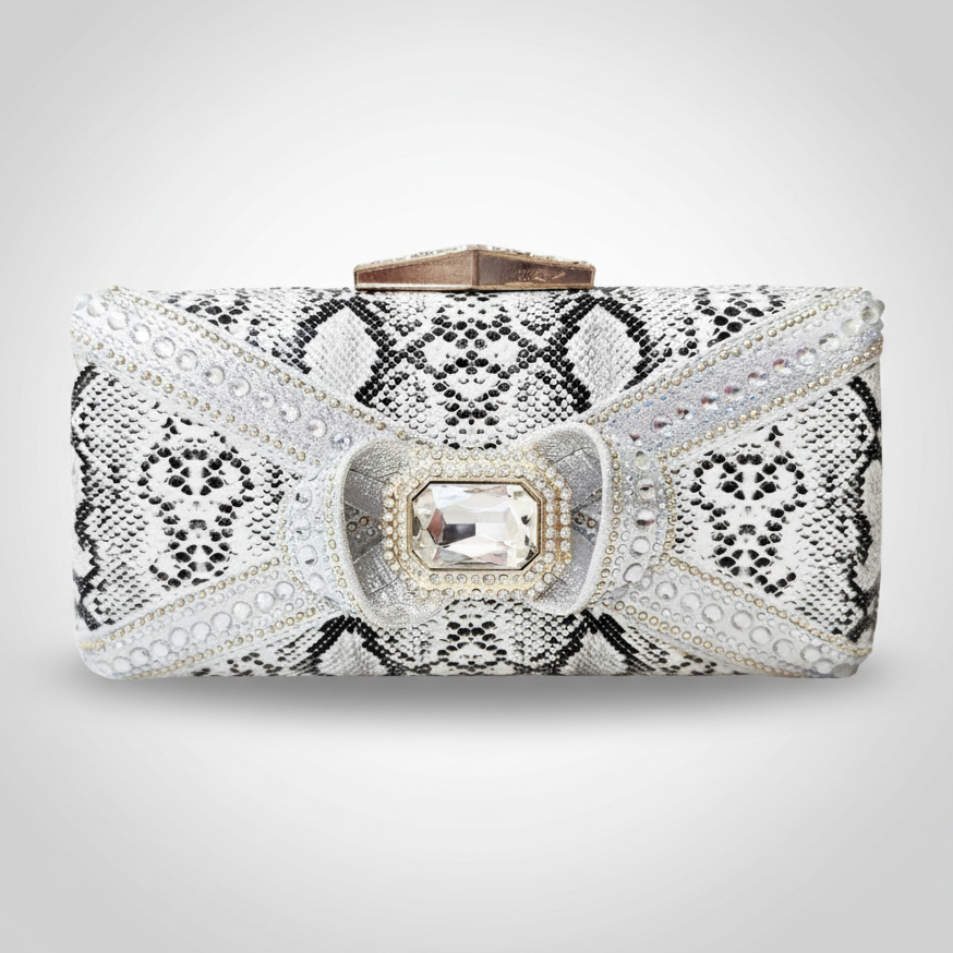 Gray Snakeskin Crystal Embellished Bow Clutch