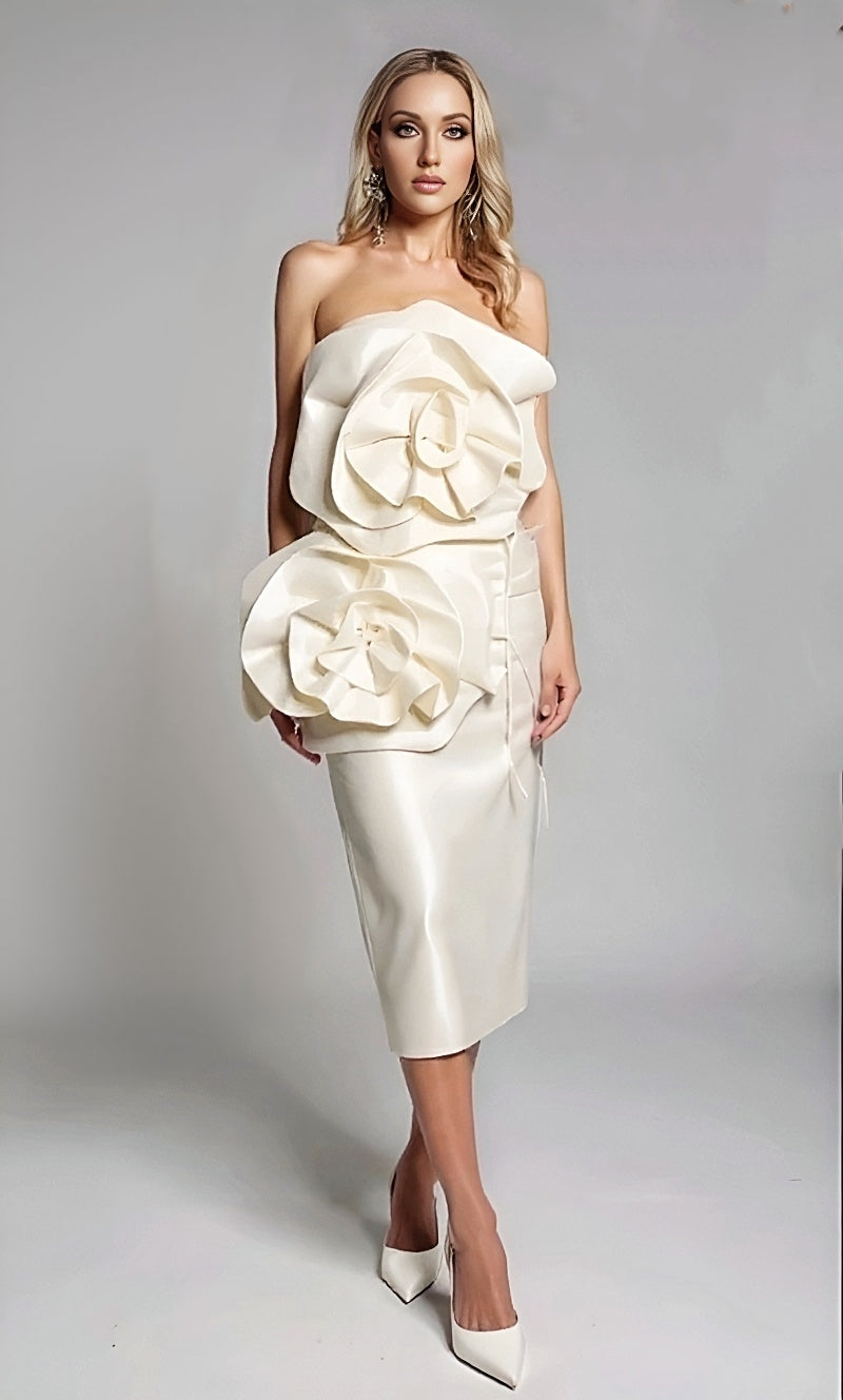 Cream 3D Flower Dress