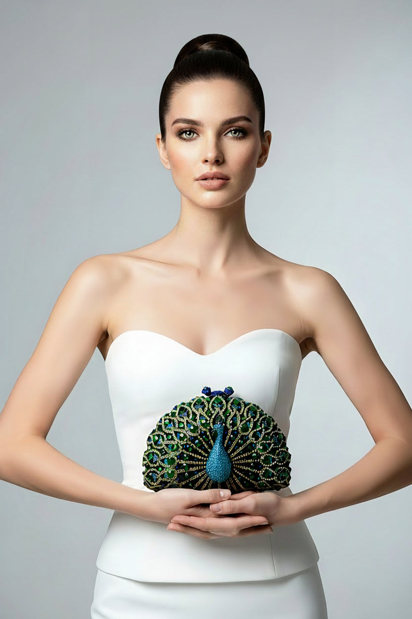 Blue and Green Crystal Peacock Clutch
