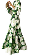 Green and White Long Sleeve Maxi Dress