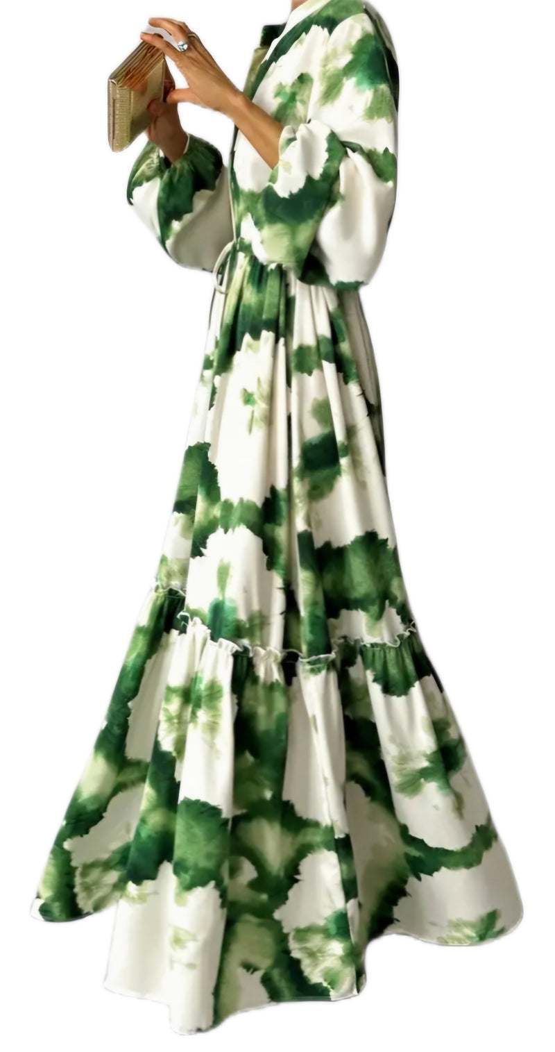 Green and White Long Sleeve Maxi Dress