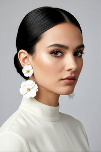 White Double Flower Dangle Earrings