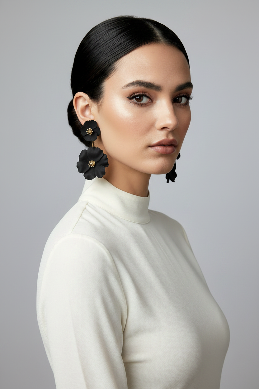 Black Double Flower Dangle Earrings