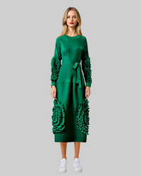 Green Long Sleeve 3D Flower Dress