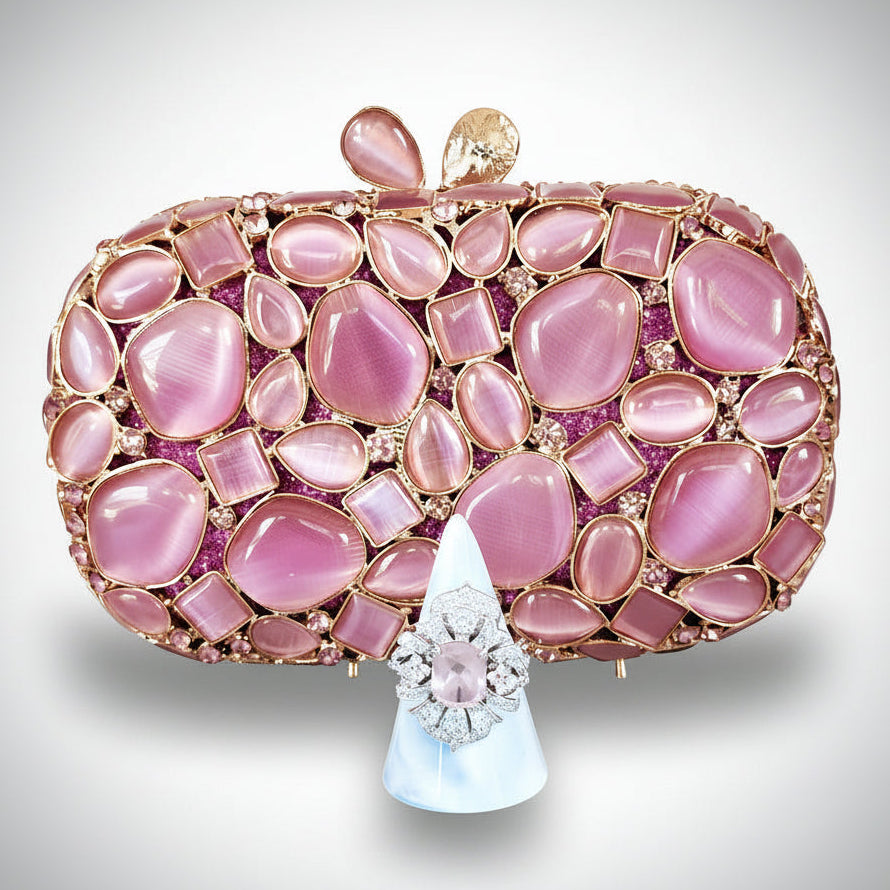 Pink Stone Clutch Purse and Sterling Silver Rose Quartz Ring