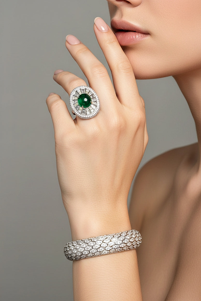 Sterling Silver Green Lily Pad Ring and Diamond Cuff Bracelet