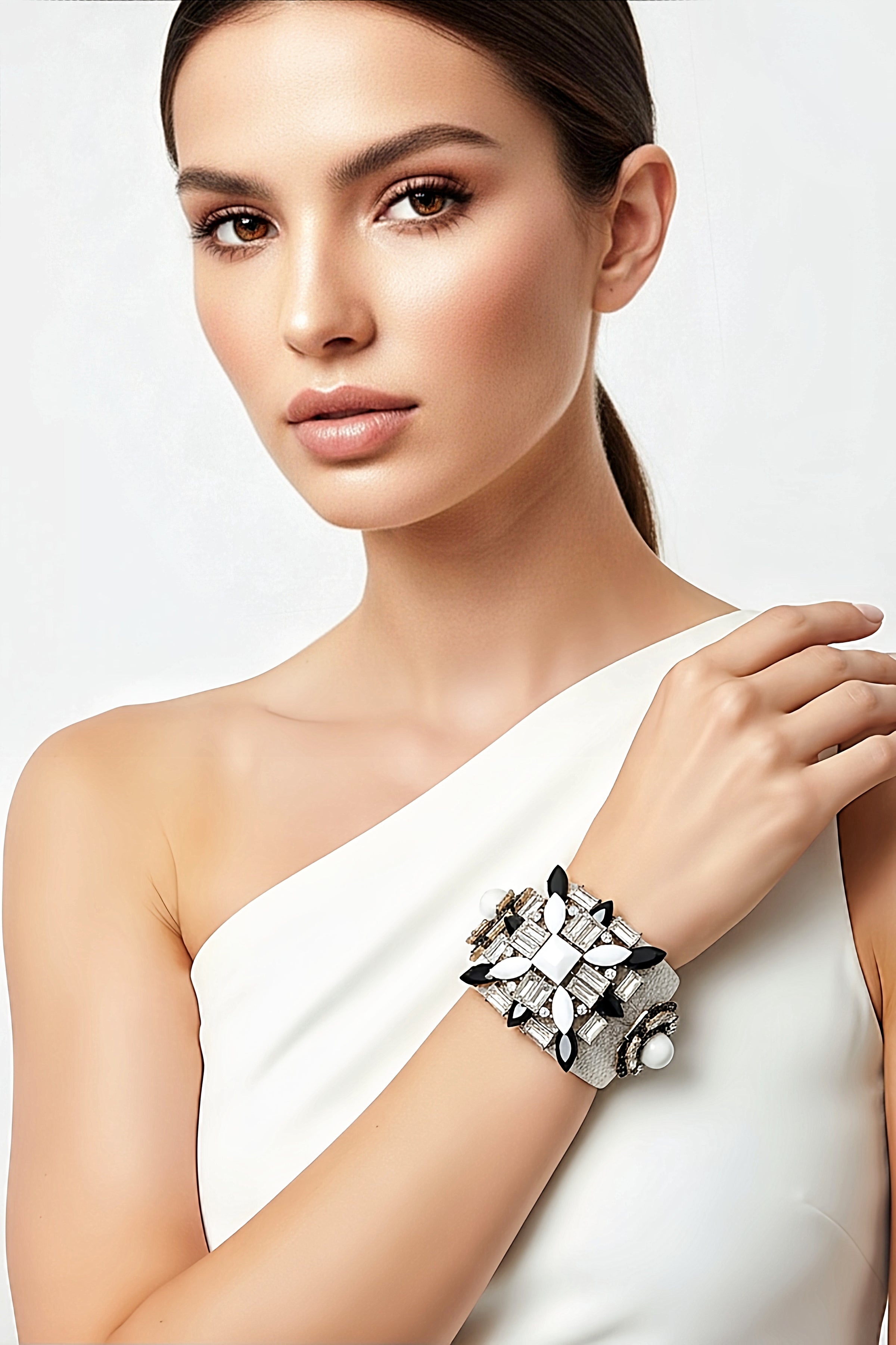 White and Black Jeweled Cuff Bracelet