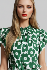 Green and White Print Ruffle Sleeveless Shirt