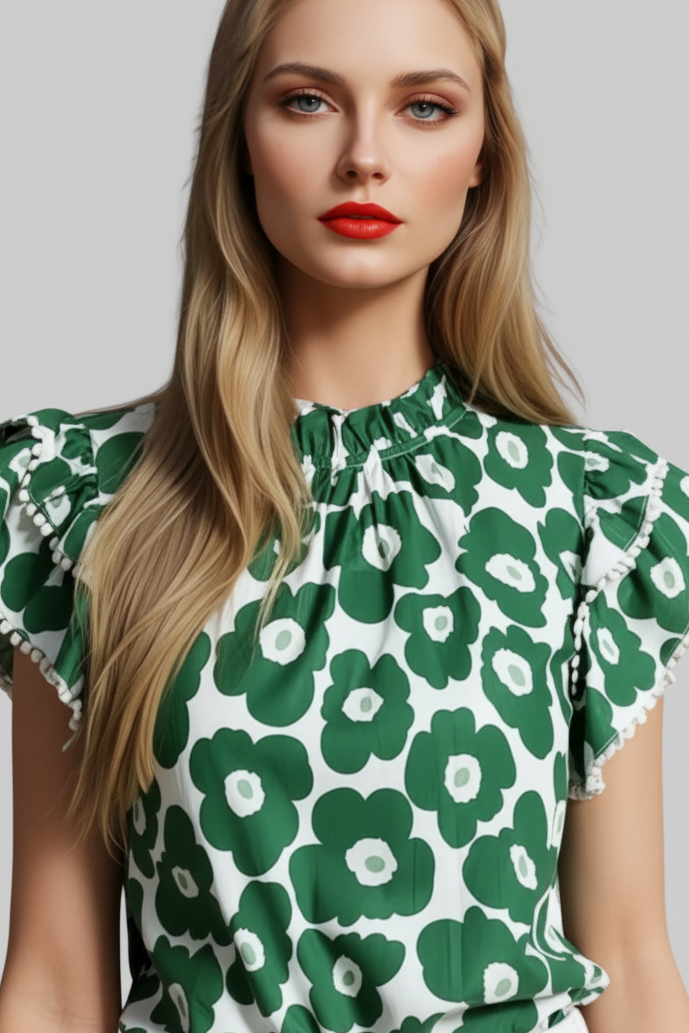 Green and White Print Ruffle Sleeveless Shirt