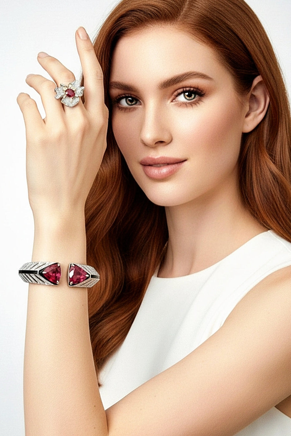 Sterling Silver Ruby Flower Ring and Cuff Bracelet