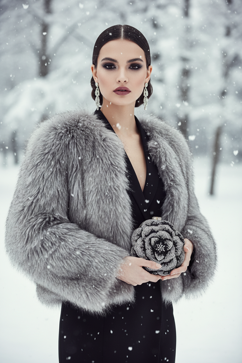 Black and Silver Flower Crystal Clutch