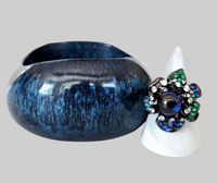 Navy Blue Bangle, Sterling Silver Blue and Green Sapphire Flower Ring