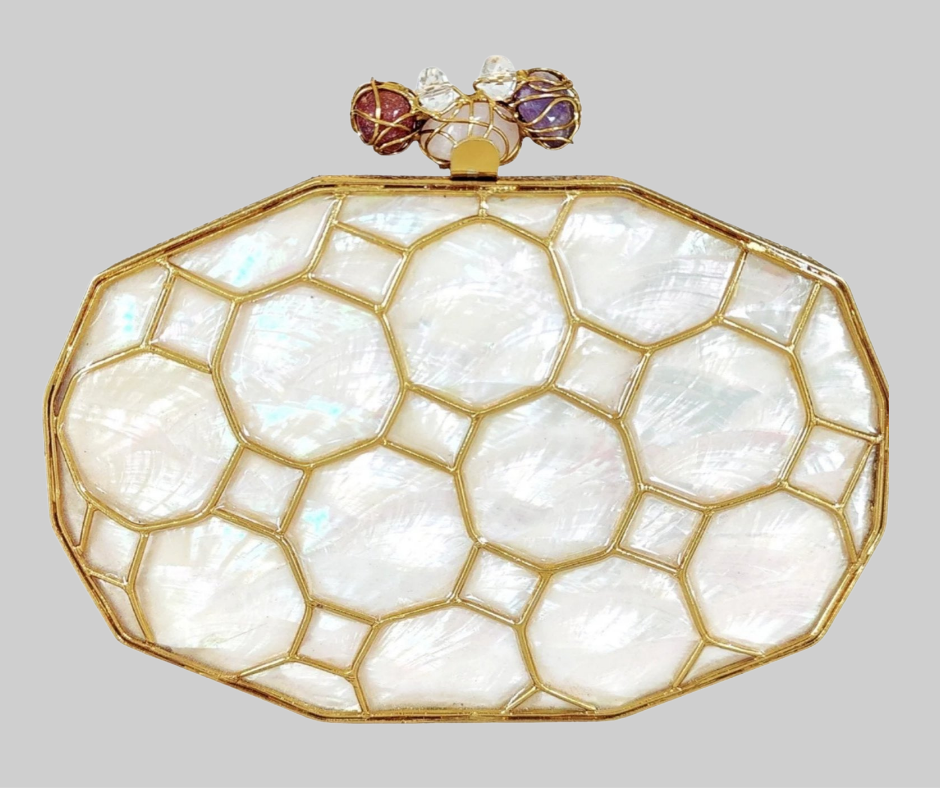 Gold and White Mother of Pearl Honeycomb Clutch