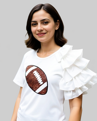 White Sequin Football Ruffle Sleeve Shirt